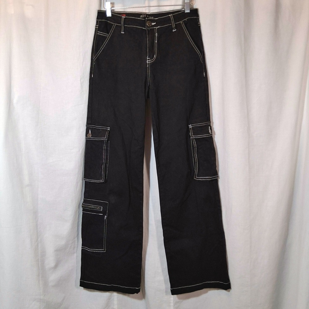 Vtg Hot Kiss Cargo Pants Jrs 7 Black Contrast Stitch Wide Leg Y2K Utility Grunge - Picture 1 of 8